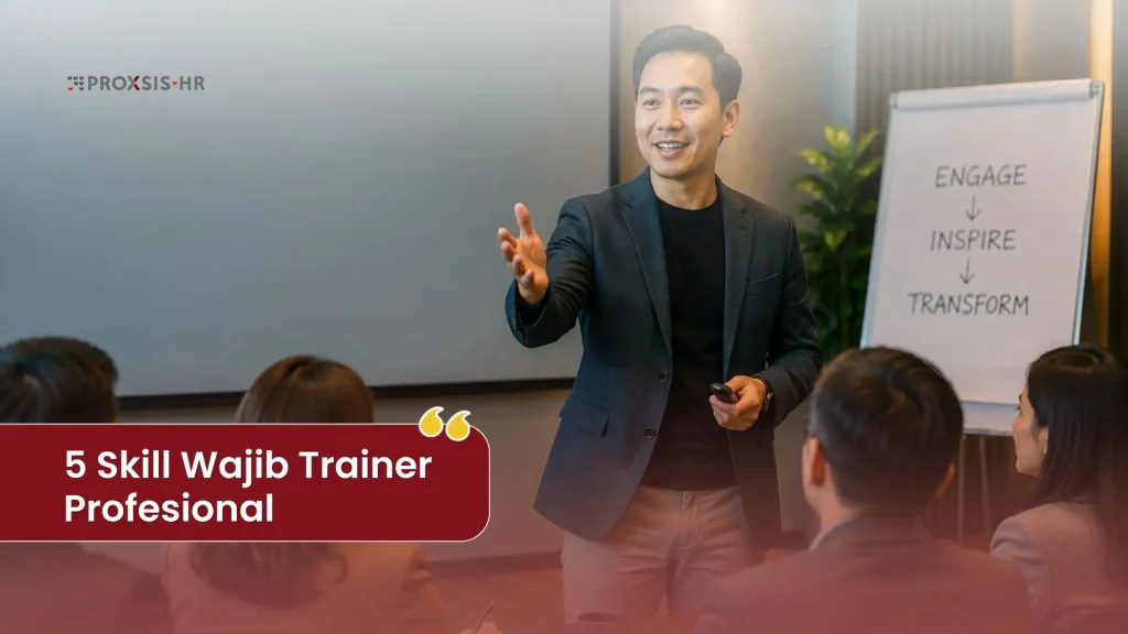 Trainer profesional membawakan pelatihan di depan peserta